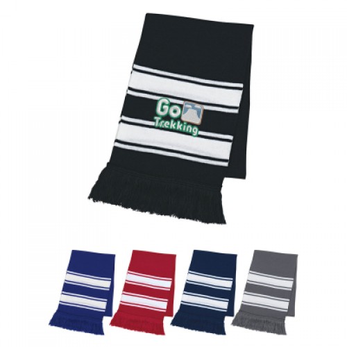 Embroidered Two-Tone Knit Scarf With Fringe
