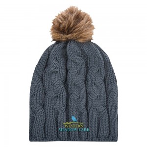 Embroidered Cameron Cable Knit Pom Beanie