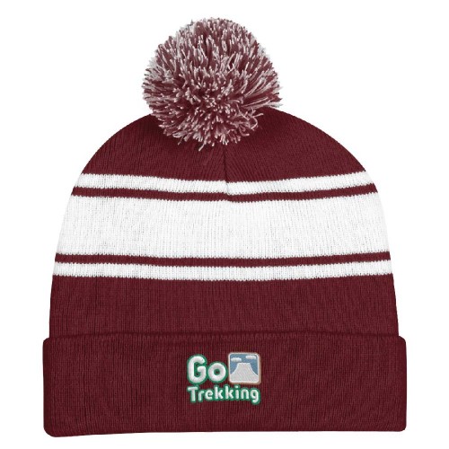 Embroidered Two-Tone Knit Pom Beanie With Cuff