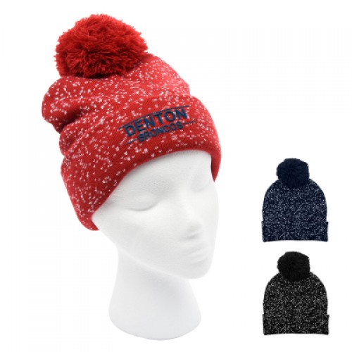 Embroidered Speckled Pom Beanie With Cuff